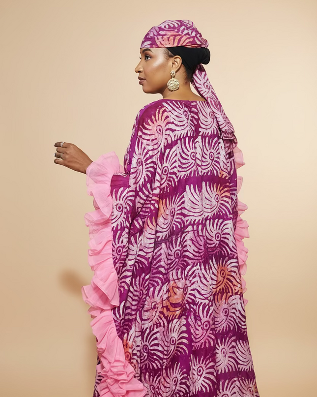 Boubou crepe adire à froufrou - Rose fuchsia