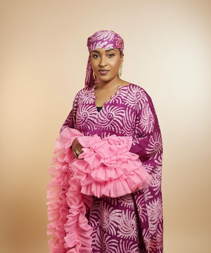 Boubou crepe adire à froufrou - Rose fuchsia