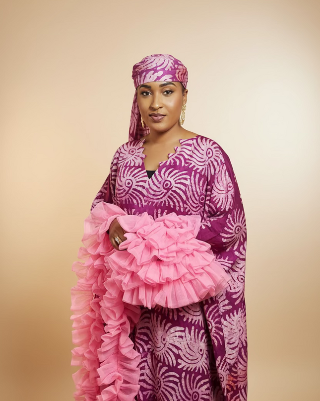 Boubou crepe adire à froufrou - Rose fuchsia