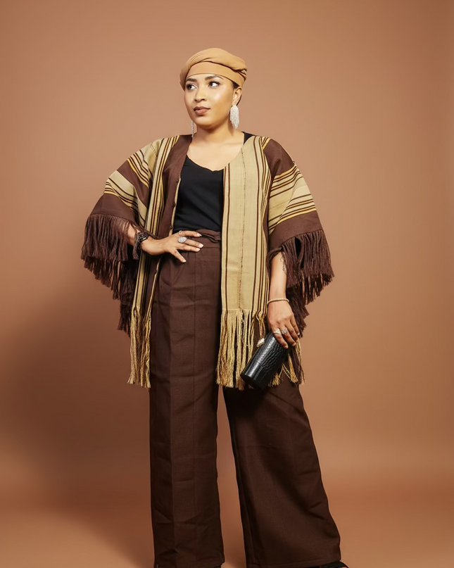 Ensemble pantalon aso oke à fringe - Marron