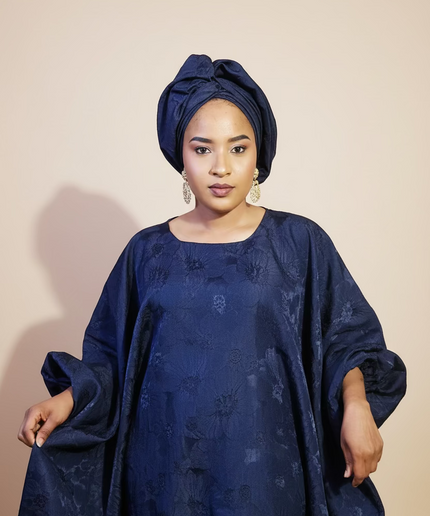 Boubou brocart plissé damask - Bleu nuit