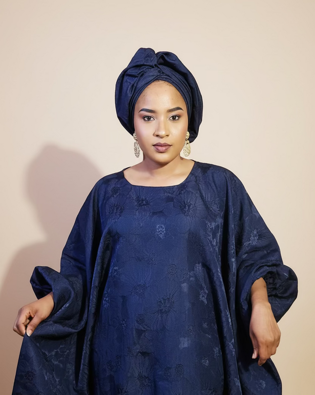 Boubou brocart plissé damask - Bleu nuit