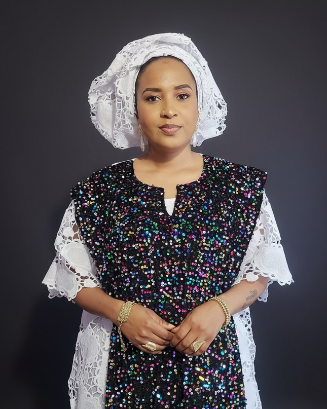 Robe africaine dentelle velours pailleté  - Blanc
