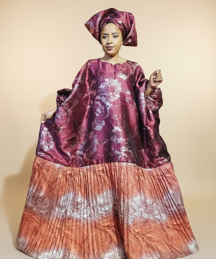 Boubou brocart plissé  - Bordeaux orange