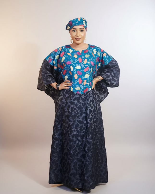 Robe dentelle indienne - organza - Bleu black