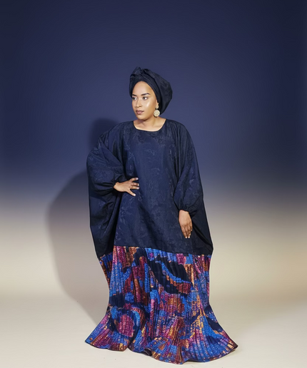 Boubou brocart plissé damask - Bleu nuit