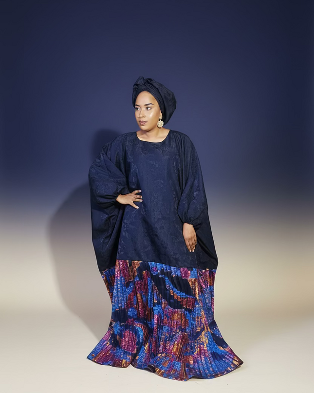 Boubou brocart plissé damask - Bleu nuit