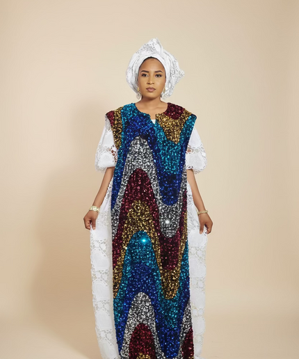 Robe africaine dentelle velours pailleté  - Blanc II