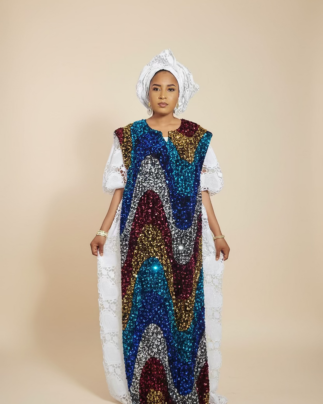 Robe africaine dentelle velours pailleté  - Blanc II