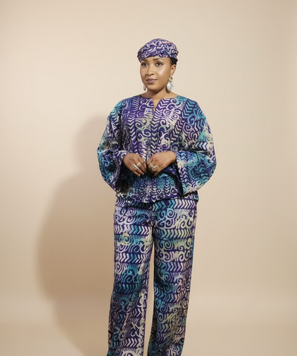Ensemble pantalon adire bewaji - bleu violet