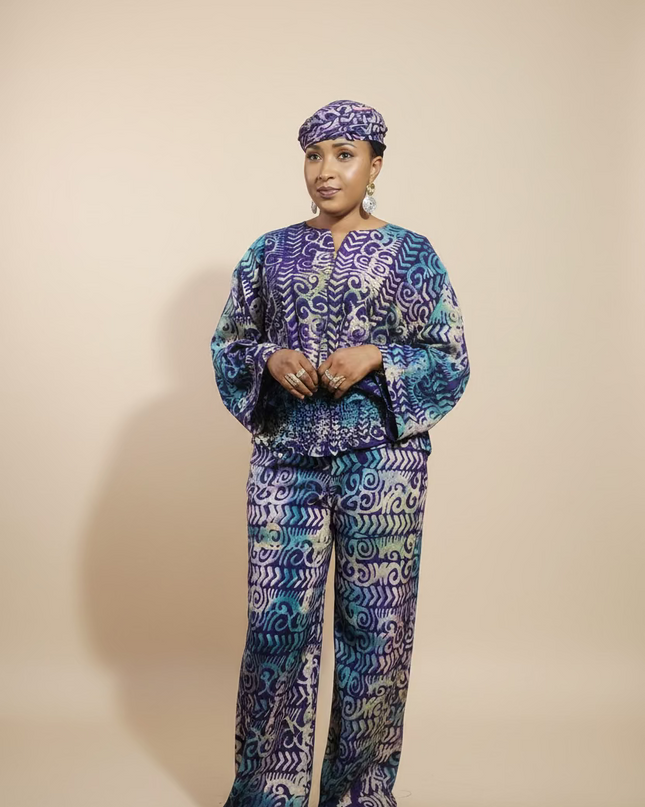 Ensemble pantalon adire bewaji - bleu violet