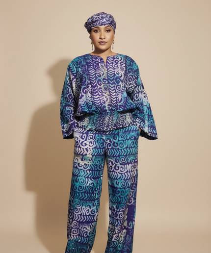 Ensemble pantalon adire bewaji - bleu violet