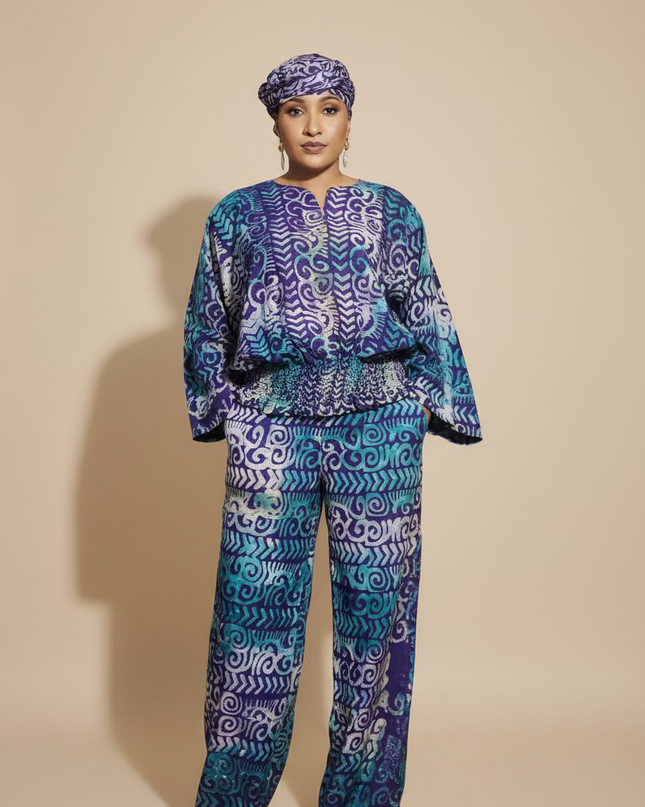 Ensemble pantalon adire bewaji - bleu violet