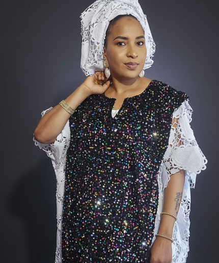 Robe africaine dentelle velours pailleté  - Blanc