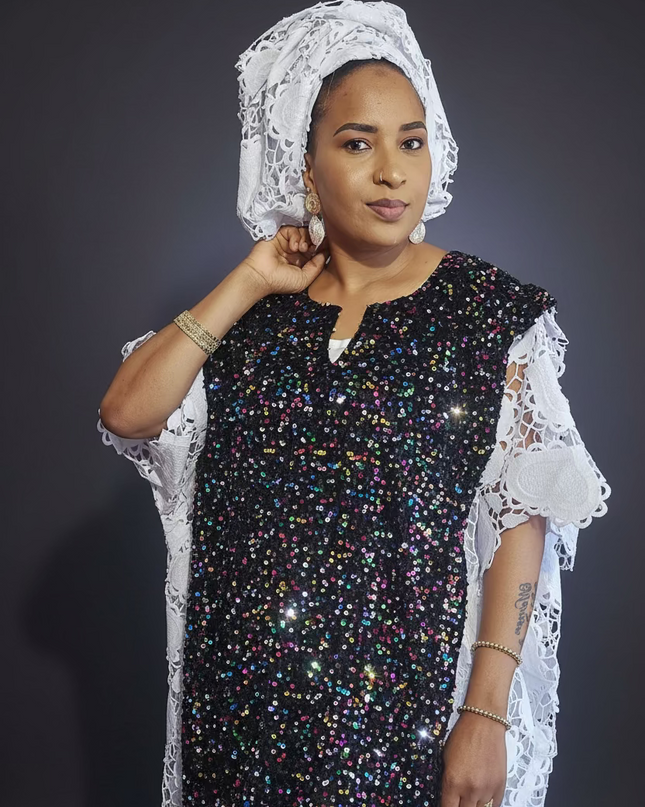 Robe africaine dentelle velours pailleté  - Blanc