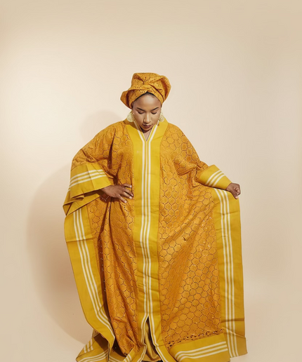 Robe morenike dentelle aso oke - Jaune moutarde
