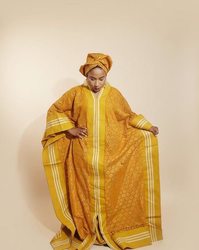 Robe morenike dentelle aso oke - Jaune moutarde